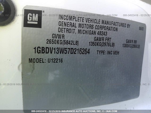 1GBDV13W57D216264 - 2007 CHEVROLET UPLANDER INCOMPLETE WHITE photo 9