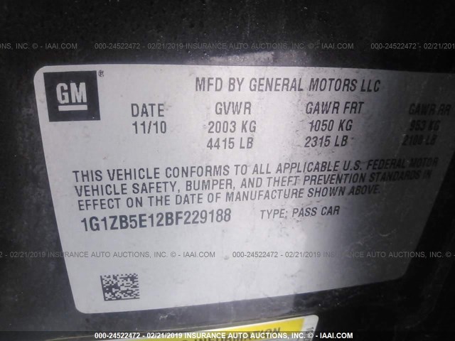 1G1ZB5E12BF229188 - 2011 CHEVROLET MALIBU LS BLACK photo 9