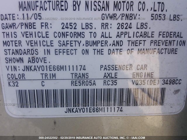 JNKAY01E66M111174 - 2006 INFINITI M35 SPORT GRAY photo 9