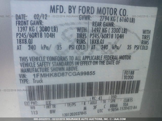 1FMHK8D87CGA99855 - 2012 FORD EXPLORER XLT SILVER photo 9