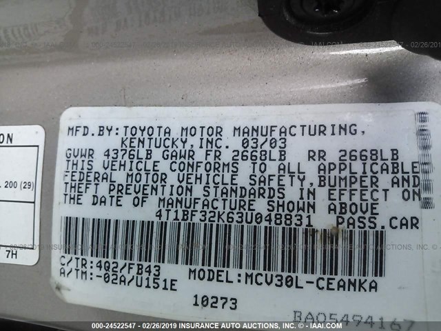 4T1BF32K63U048831 - 2003 TOYOTA CAMRY LE/XLE/SE GOLD photo 9