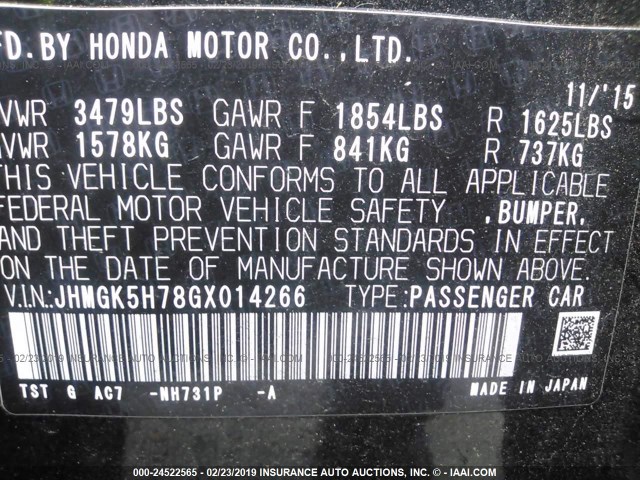 JHMGK5H78GX014266 - 2016 HONDA FIT EX/EXL BLACK photo 9