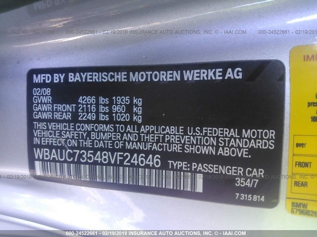 WBAUC73548VF24646 - 2008 BMW 135 I SILVER photo 9