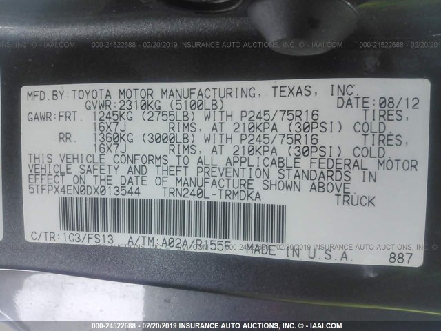 5TFPX4EN0DX013544 - 2013 TOYOTA TACOMA GRAY photo 9