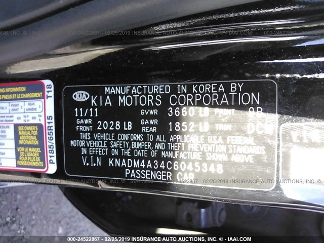 KNADM4A34C6045348 - 2012 KIA RIO LX BLACK photo 9