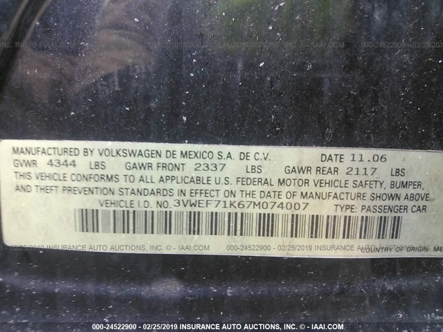 3VWEF71K67M074007 - 2007 VOLKSWAGEN JETTA WOLFSBURG 黑色 照片 9