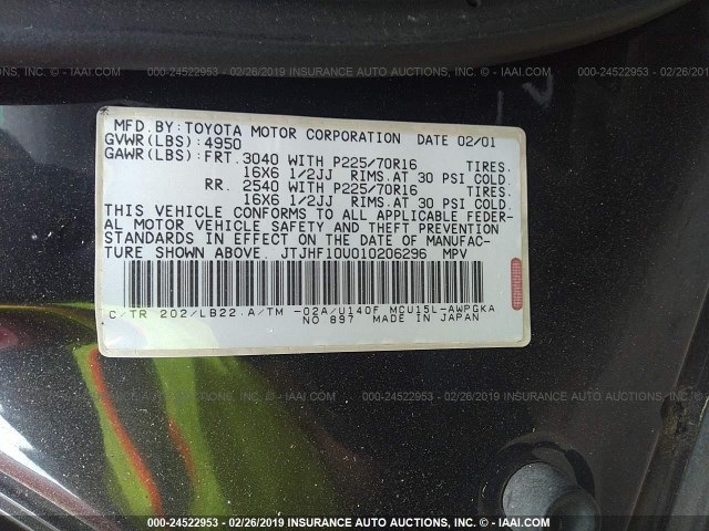 JTJHF10U010206296 - 2001 LEXUS RX 300 BLACK photo 9