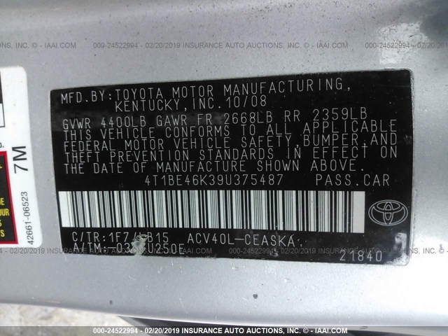 4T1BE46K39U375487 - 2009 TOYOTA CAMRY SE/LE/XLE 银色 照片 9
