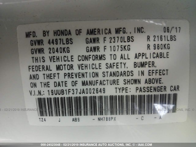 19UUB1F37JA002649 - 2018 ACURA TLX WHITE photo 9
