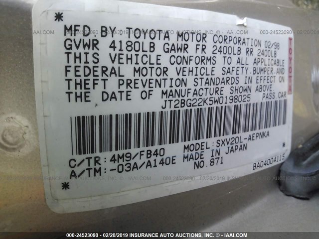 JT2BG22K5W0198025 - 1998 TOYOTA CAMRY CE/LE/XLE Champagne photo 9