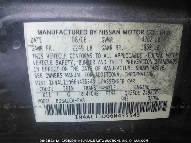 1N4AL11D66N435545 - 2006 NISSAN ALTIMA S/SL GRAY photo 9