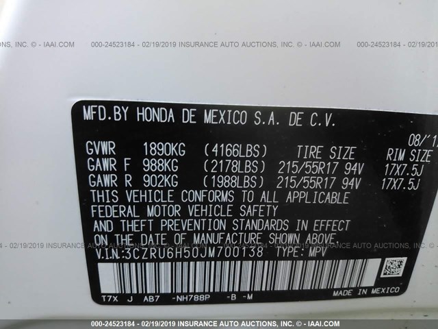 3CZRU6H50JM700138 - 2018 HONDA HR-V EX WHITE photo 9