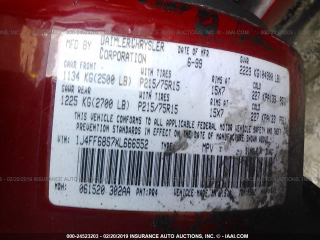 1J4FF68S7XL666552 - 1999 JEEP CHEROKEE SPORT/CLASSIC წითელი ფოტო 9