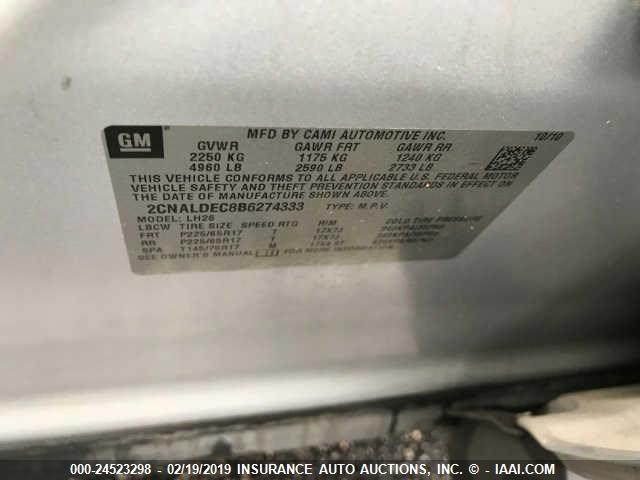 2CNALDEC8B6274333 - 2011 CHEVROLET EQUINOX LT SILVER photo 9