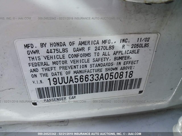 19UUA56633A050818 - 2003 ACURA 3.2TL WHITE photo 9