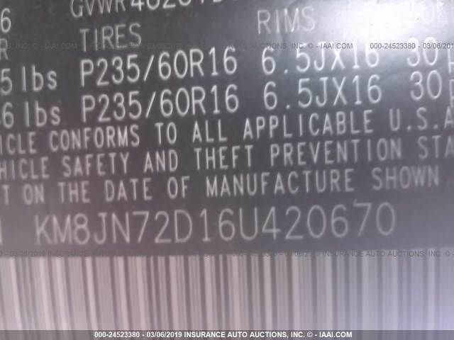 KM8JN72D16U420670 - 2006 HYUNDAI TUCSON GLS/LIMITED 银色 照片 9