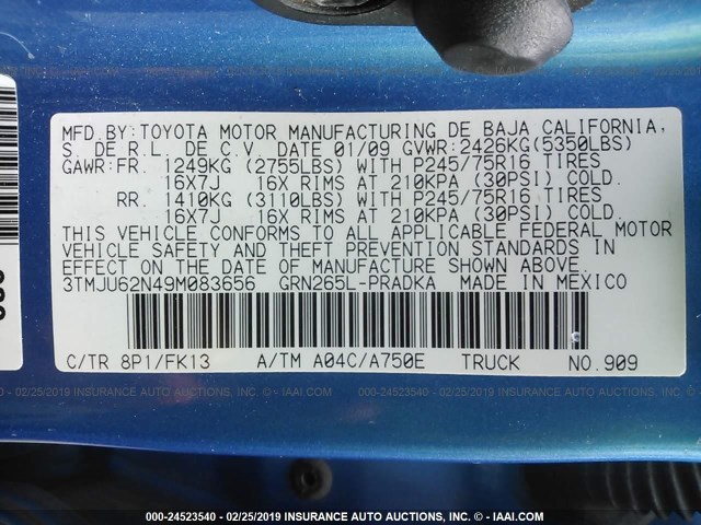 3TMJU62N49M083656 - 2009 TOYOTA TACOMA DOUBLE CAB PRERUNNER BLUE photo 9