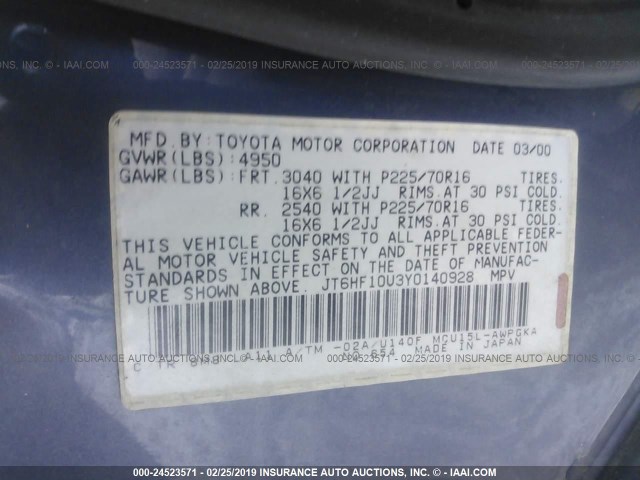 JT6HF10U3Y0140928 - 2000 LEXUS RX 300 BLUE photo 9