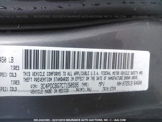 3C4PDCBG7CT150595 - 2012 DODGE JOURNEY SXT GRAY photo 9