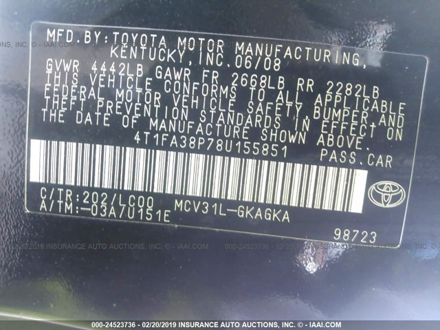 4T1FA38P78U155851 - 2008 TOYOTA CAMRY SOLARA SE/SLE/SPORT BLACK photo 9