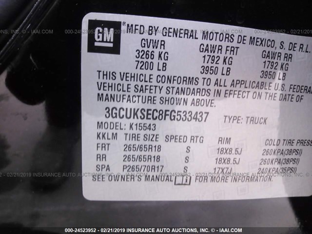 3GCUKSEC8FG533437 - 2015 CHEVROLET SILVERADO K1500 LTZ BLACK photo 9