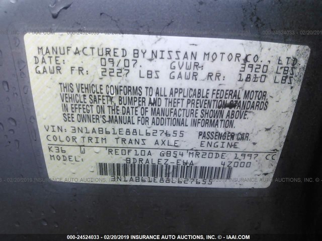 3N1AB61E88L627655 - 2008 NISSAN SENTRA 2.0/2.0S/2.0SL GRAY photo 9