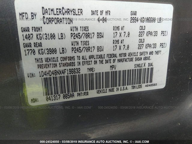 1D4HD48NX4F196632 - 2004 DODGE DURANGO SLT GRAY photo 9