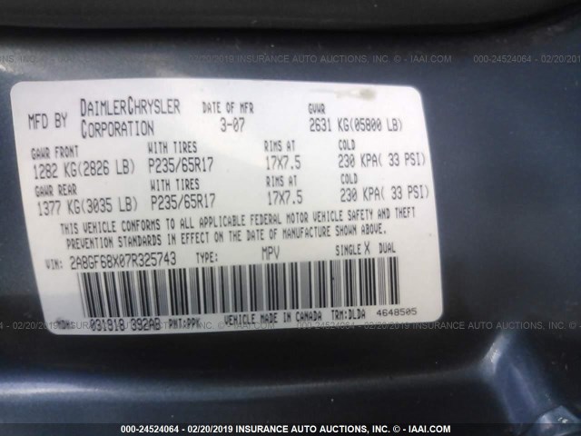 2A8GF68X07R325743 - 2007 CHRYSLER PACIFICA TOURING GRAY photo 9