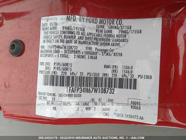 1FAFP34N67W108732 - 2007 FORD FOCUS ZX4/S/SE/SES 红色 照片 9