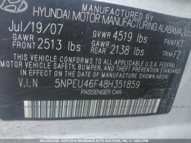 5NPEU46F48H351859 - 2008 HYUNDAI SONATA SE/LIMITED SILVER photo 9