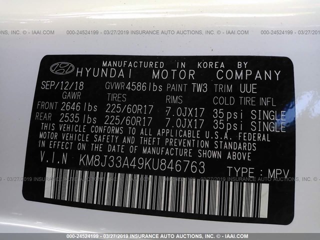 KM8J33A49KU846763 - 2019 HYUNDAI TUCSON LIMITED/SEL/SPORT/ULTIMAT WHITE photo 9