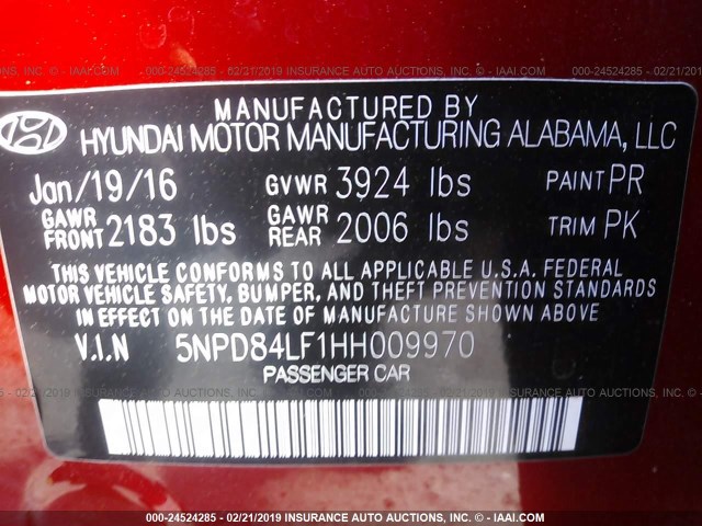 5NPD84LF1HH009970 - 2017 HYUNDAI ELANTRA SE/VALUE/LIMITED RED photo 9