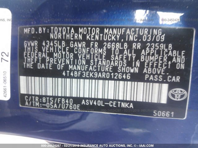 4T4BF3EK9AR012646 - 2010 TOYOTA CAMRY SE/LE/XLE 蓝色 照片 9