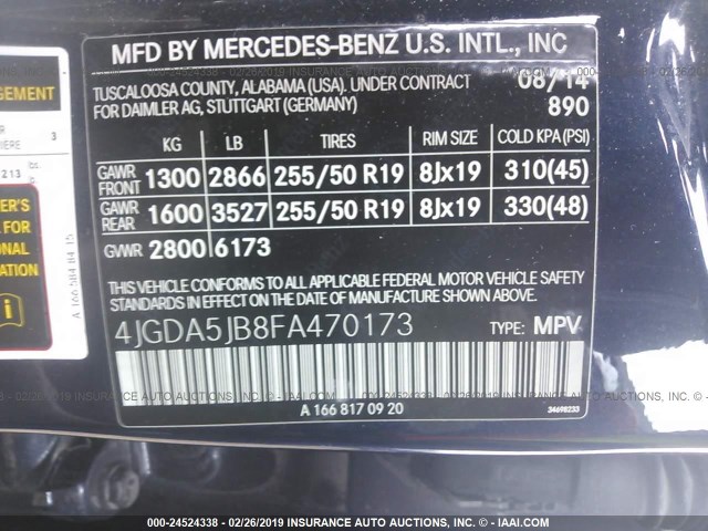 4JGDA5JB8FA470173 - 2015 MERCEDES-BENZ ML 350 BLUE photo 9