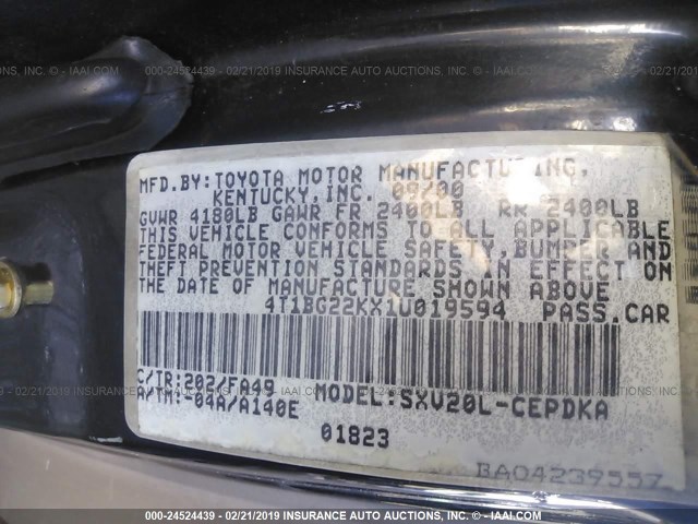4T1BG22KX1U019594 - 2001 TOYOTA CAMRY CE/LE/XLE 黑色 照片 9