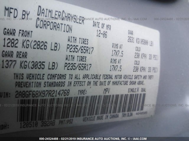 2A8GF68X97R214768 - 2007 CHRYSLER PACIFICA TOURING SILVER photo 9