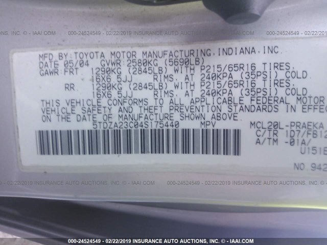 5TDZA23C04S175440 - 2004 TOYOTA SIENNA CE/LE GRAY photo 9