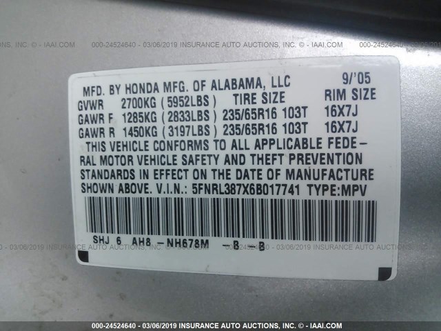 5FNRL387X6B017741 - 2006 HONDA ODYSSEY EXL SILVER photo 9