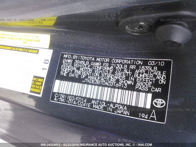 JTKDE3B70A0316913 - 2010 TOYOTA SCION TC GRAY photo 9