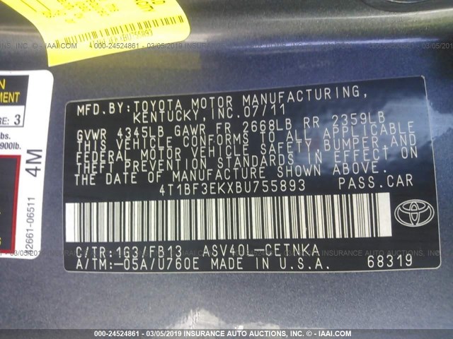 4T1BF3EKXBU755893 - 2011 TOYOTA CAMRY SE/LE/XLE 灰色 照片 9
