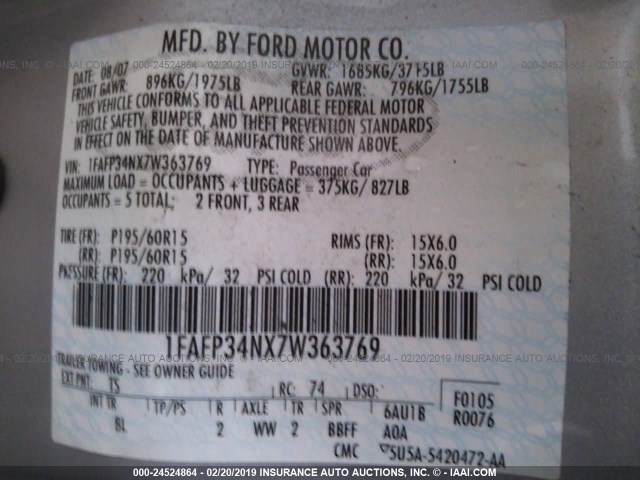 1FAFP34NX7W363769 - 2007 FORD FOCUS ZX4/S/SE/SES SILVER photo 9