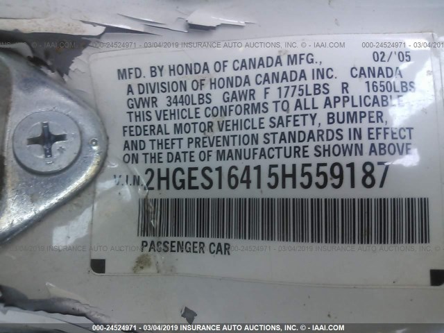 2HGES16415H559187 - 2005 HONDA CIVIC DX WHITE photo 9