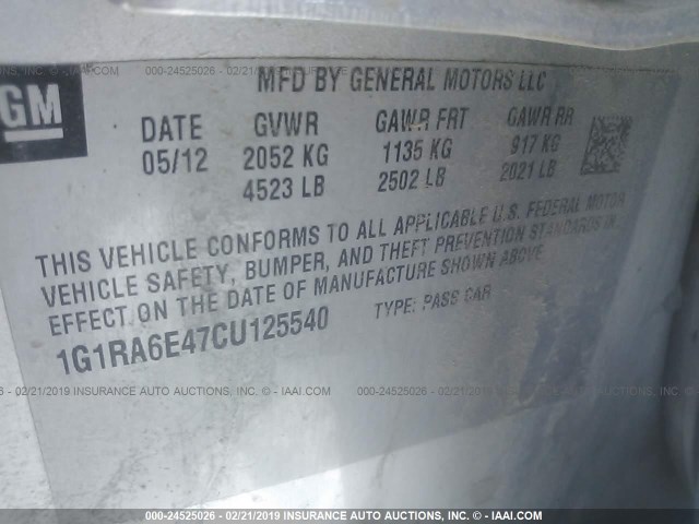 1G1RA6E47CU125540 - 2012 CHEVROLET VOLT SILVER photo 9