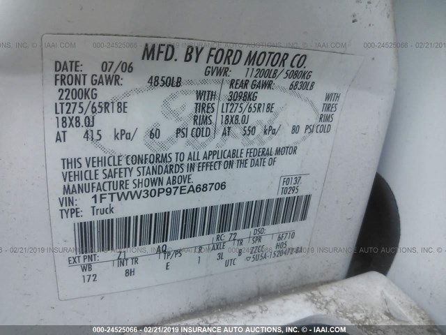 1FTWW30P97EA68706 - 2007 FORD F350 SRW SUPER DUTY WHITE photo 9