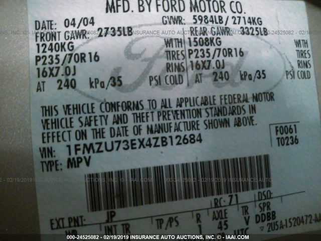 1FMZU73EX4ZB12684 - 2004 FORD EXPLORER XLT/XLT SPORT/NBX SILVER photo 9