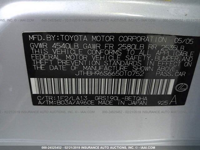 JTHBH96S665010752 - 2006 LEXUS GS GENERATION 200 300 SILVER photo 9