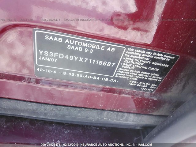 YS3FD49YX71116687 - 2007 SAAB 9-3 2.0T RED photo 9