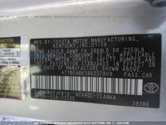 4T1BE46K18U257808 - 2008 TOYOTA CAMRY CE/LE/XLE/SE SILVER photo 9