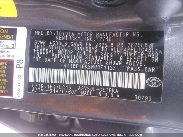 4T1BF1FK5HU371127 - 2017 TOYOTA CAMRY LE/XLE/SE/XSE GRAY photo 9
