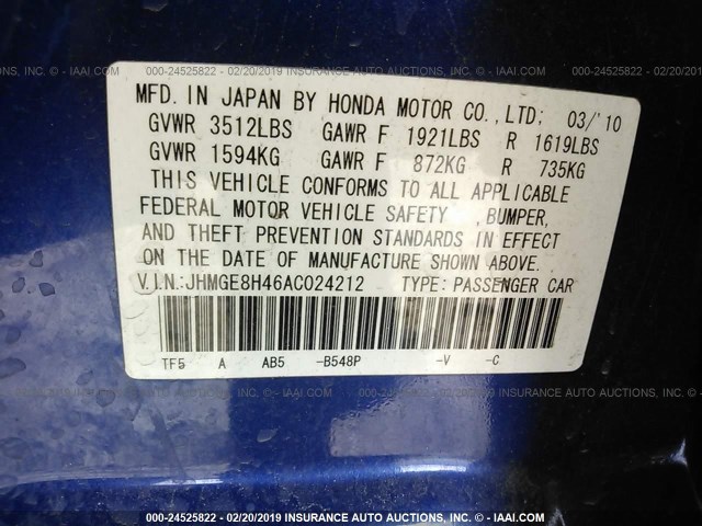 JHMGE8H46AC024212 - 2010 HONDA FIT SPORT BLUE photo 9